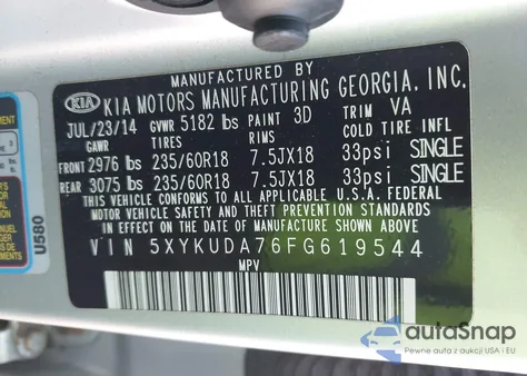 2015 Kia Sorento Ex V6 из США, поврежденный, VIN 5XYKUDA76FG619544